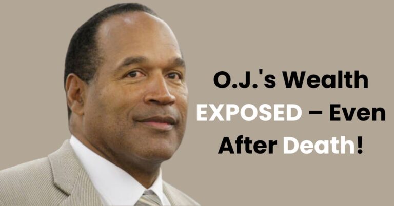 O.J. Simpson portrait with cash, court symbols, and 2025 date, symbolizing his net worth and legal legacy.