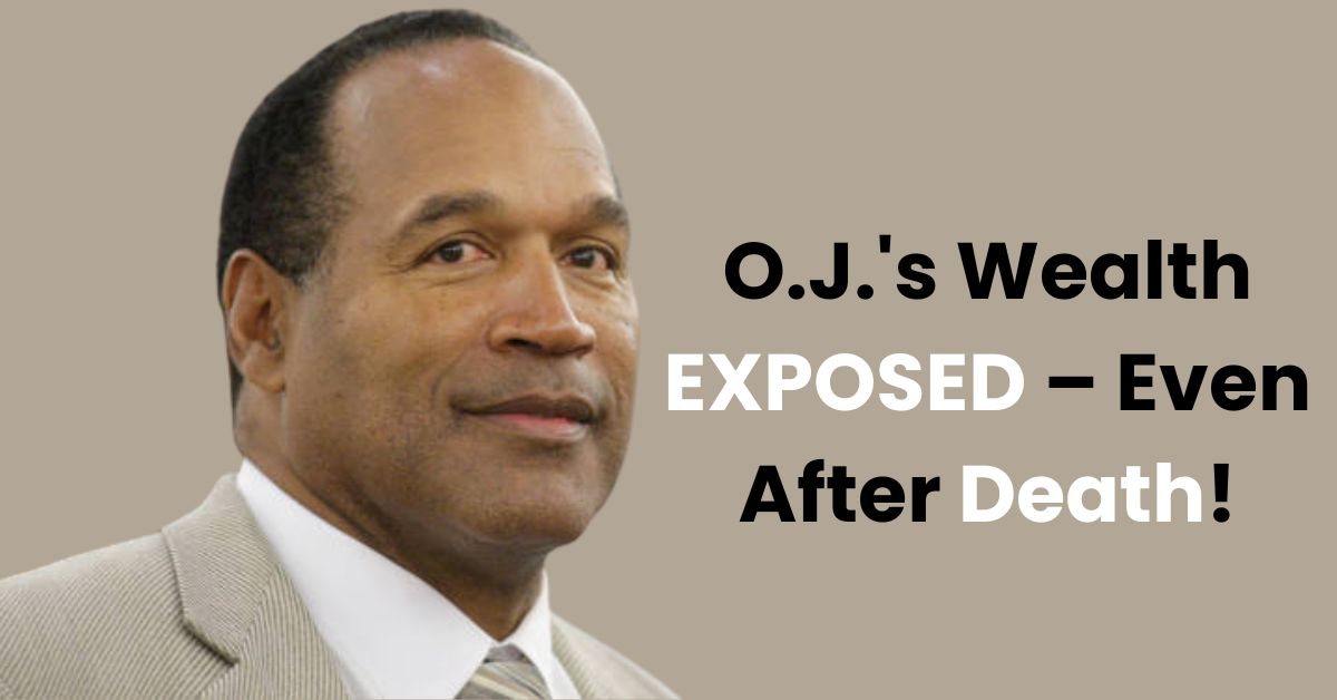 O.J. Simpson portrait with cash, court symbols, and 2025 date, symbolizing his net worth and legal legacy.