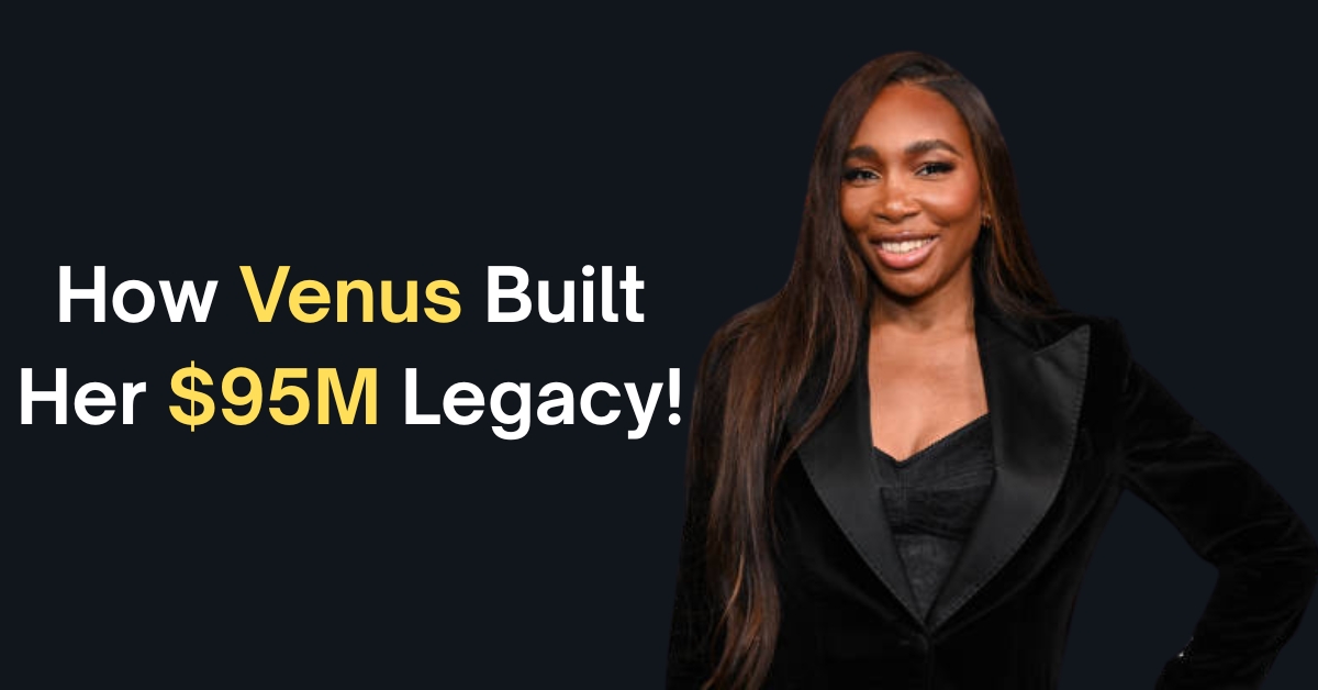 Venus Williams with $95 million net worth text and tennis-themed visuals in 2025.