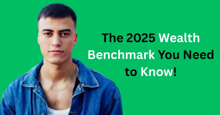 2025 median American net worth question with financial icons and a man in a suit.